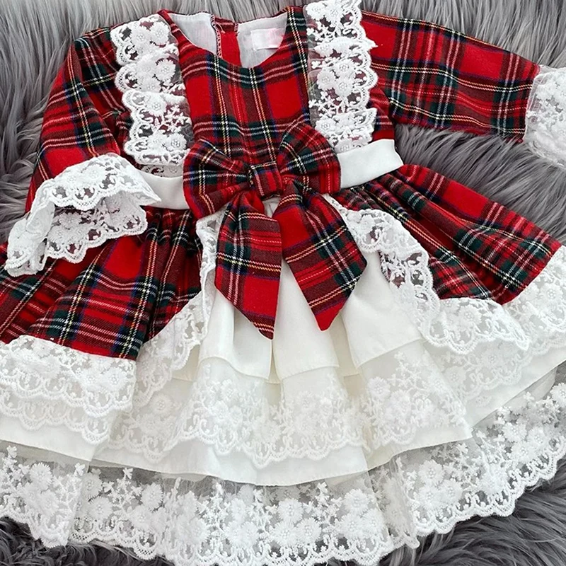 1-7Y Kids Baby Girls Christmas Red Dress Toddler Children Plaid Print Bow Lace Tutu Party Dresses New Year Xmas Costumes