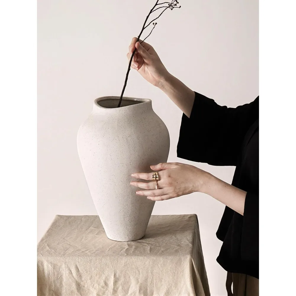 مزهرية سيراميك - مزهرية أرضية كبيرة بطول 13.6 بوصة للقطع المركزية، ديكور منزلي ريفي بسيط لغرفة المعيشة، E