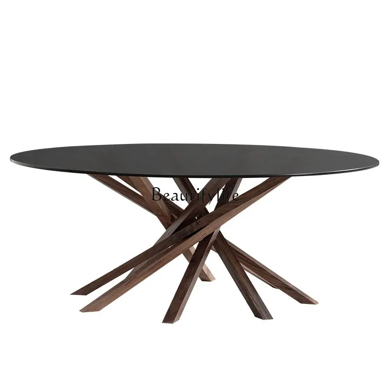 

Nordic style black walnut solid wood log coffee table simple tempered glass coffee table round