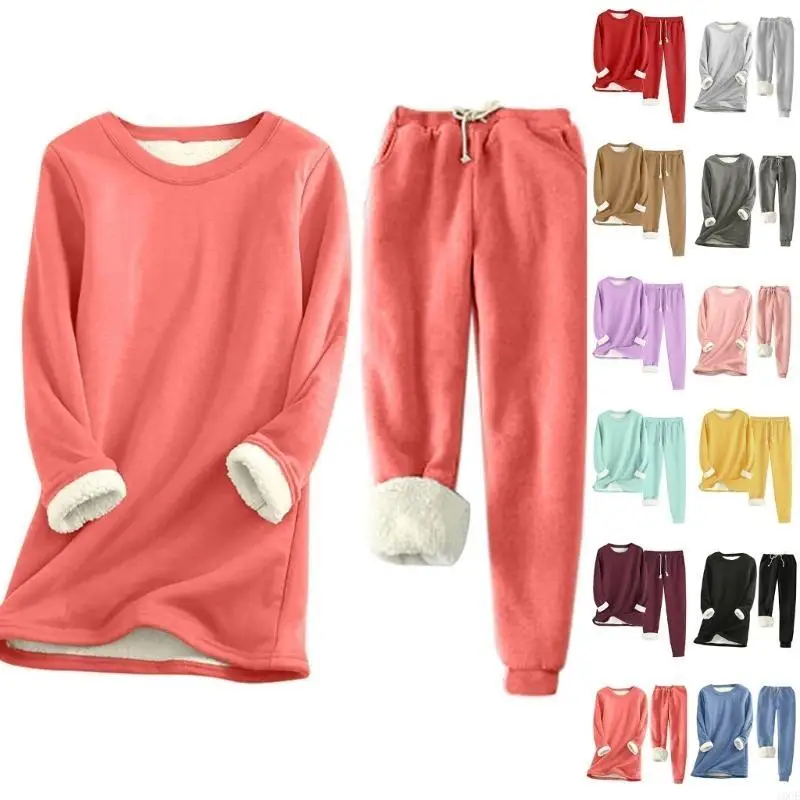 Women's Warm Pajama Set Polyester Fleece Plush Lining Round Neck Design Long Sleeve for Coziness