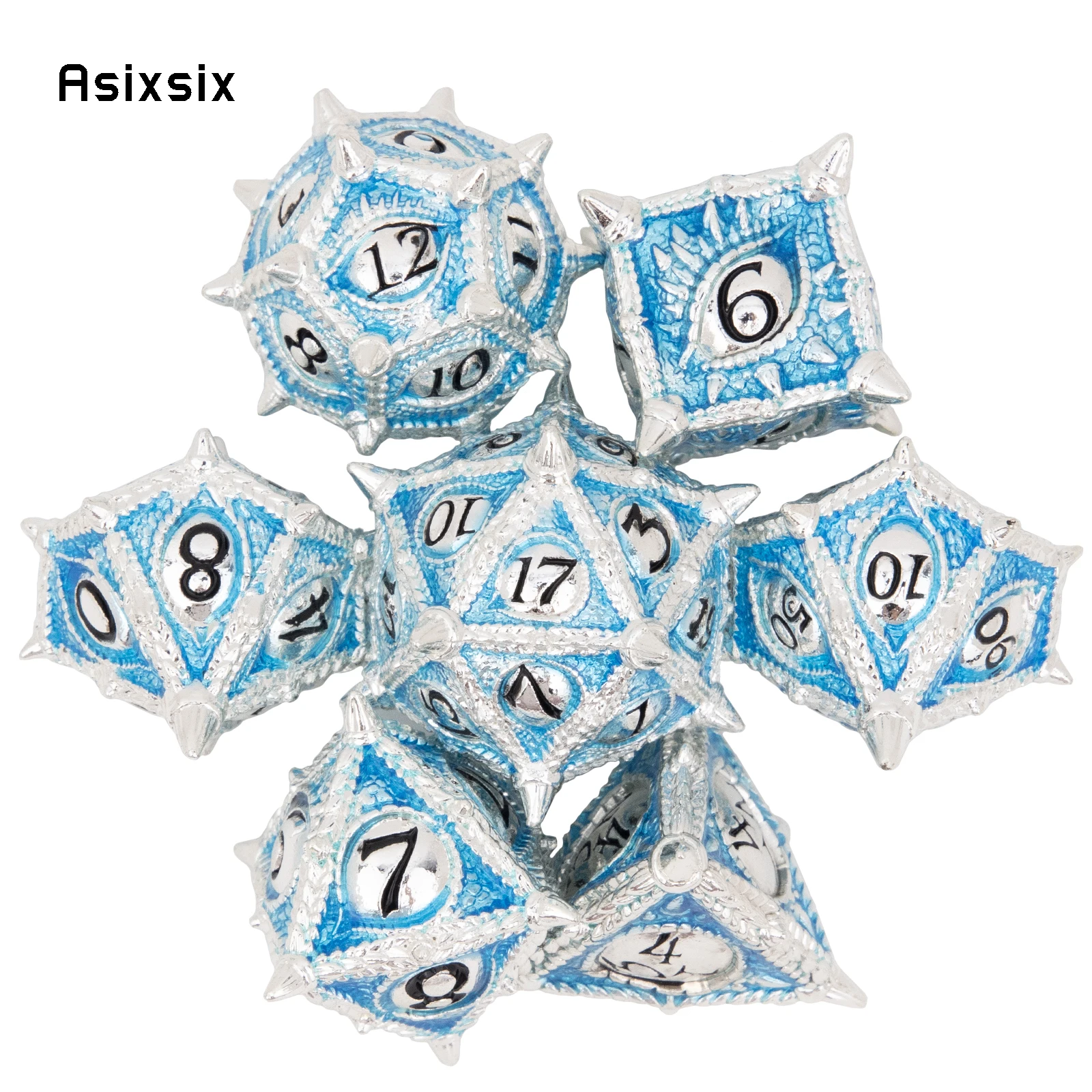 

7 Pcs White Blue Eyes Metal Dice Solid Metal Polyhedral Dice Set Suitable for Role-Playing RPG Board Game Card Game