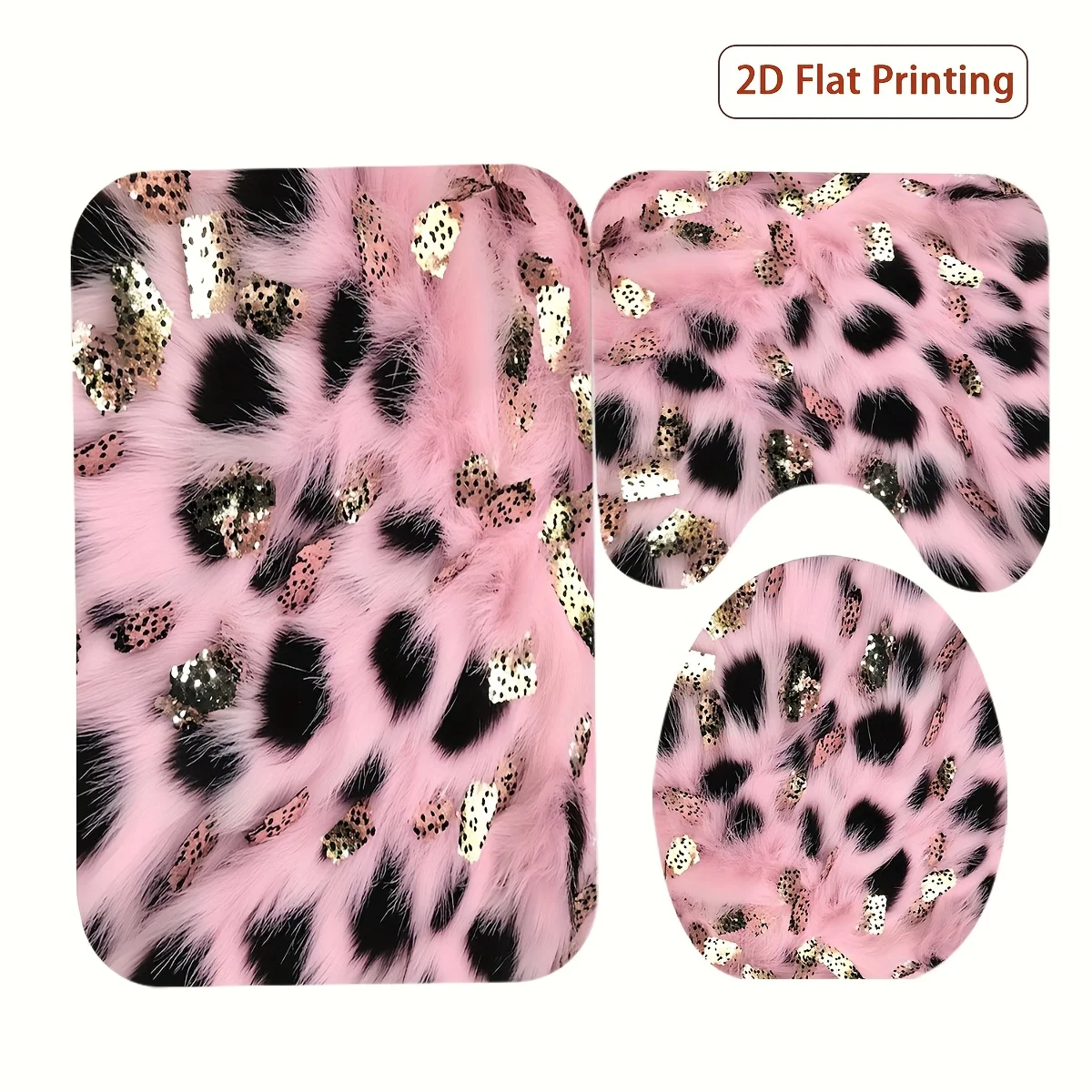 

Pink Leopard Print 3 Piece Bath Mat Set Faux Fur Soft Absorbent Anti Slip Bathroom Rugs Toilet Seat Cover Home Decor