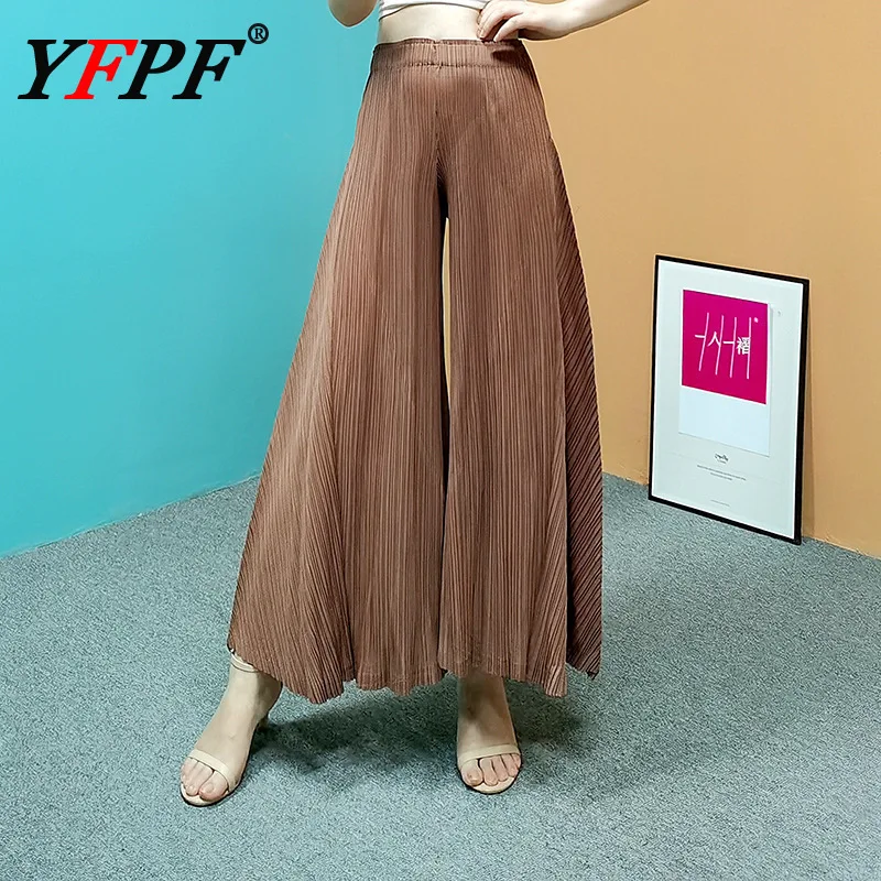 

YFPF Miyake Pleated Loose Wide Leg Trousers Casual Elastic Waist Solid Color Versatile Long Pants Fashion 2025 New Clothing