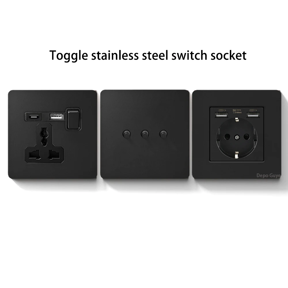 

Retro Toggle Light Switch Brass Lever Wall Power Socket Black Stainless Steel Panel Dual Usb Type-c Port Outlet EU French Plugs