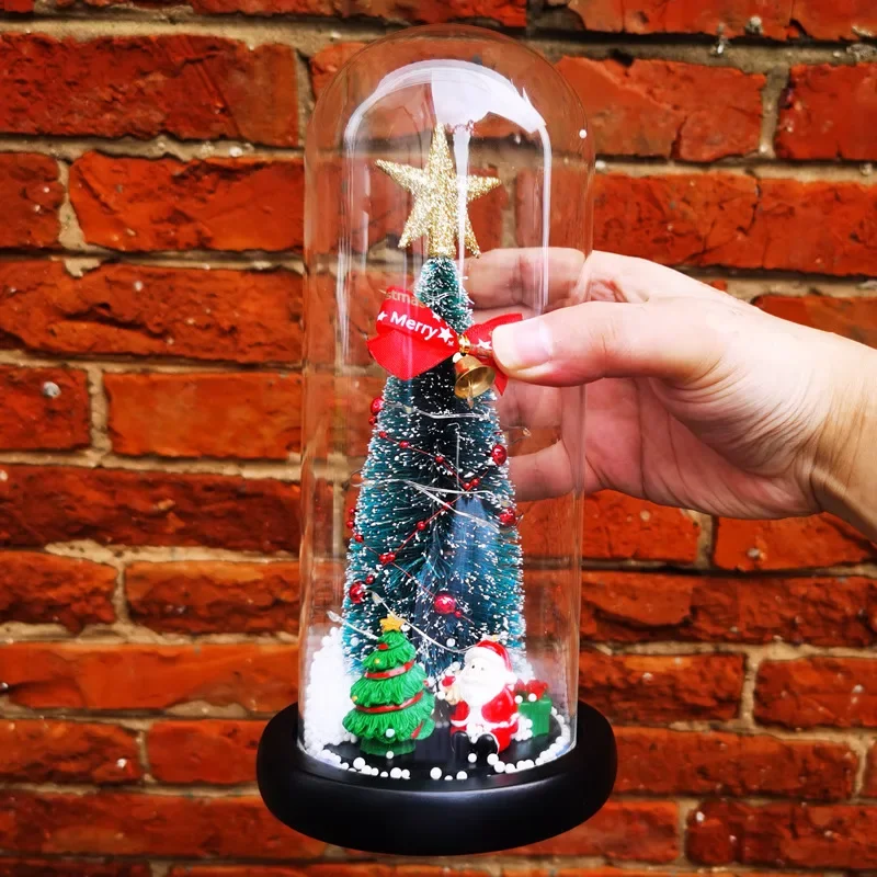 

Christmas Tree In Glass Cover LED Light Home Decor Artificial Flower Valentine Day Gift New Year Gifts Tree Lamp Light