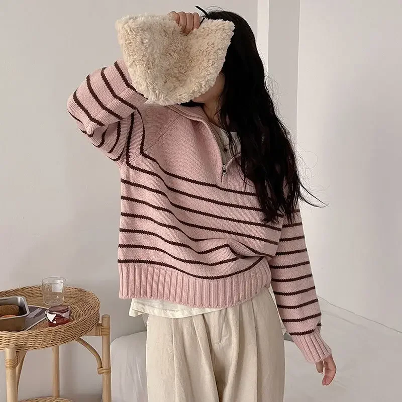 خريف شتاء نمط جديد الحرير الجليد بولو الرقبة سترة قصيرة فضفاضة المرأة نصف سستة مخطط تريكو عادية متعددة الاستخدامات #2