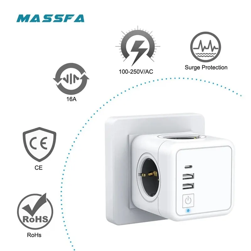 Massfa 4 Eu Ac Stopcontacten Stekker Meerdere Kubus Stekker 2 USB-A Stopcontact Met Schakelaar USB-C Overspanningsbeveiliging Home Adapter