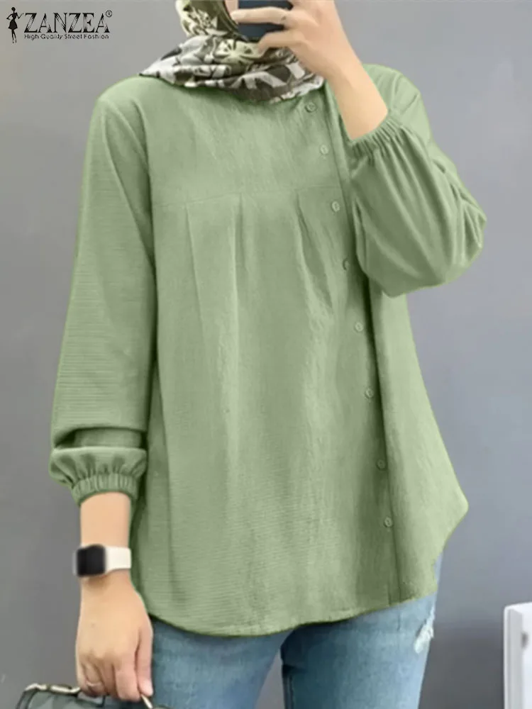 

ZANZEA Spring Elegant Party Blusas Mujer Fashion Solid Muslim Tops Woman Lantern Sleeve O Neck Blouse Casual Marocain Chemise
