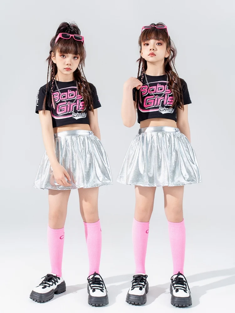 

Children Jazz Modern Dance Costumes For Girls Black Crop Tops Sliver Skirts Suit Hip Hop Performance Stage Rave Clothes DQS16777