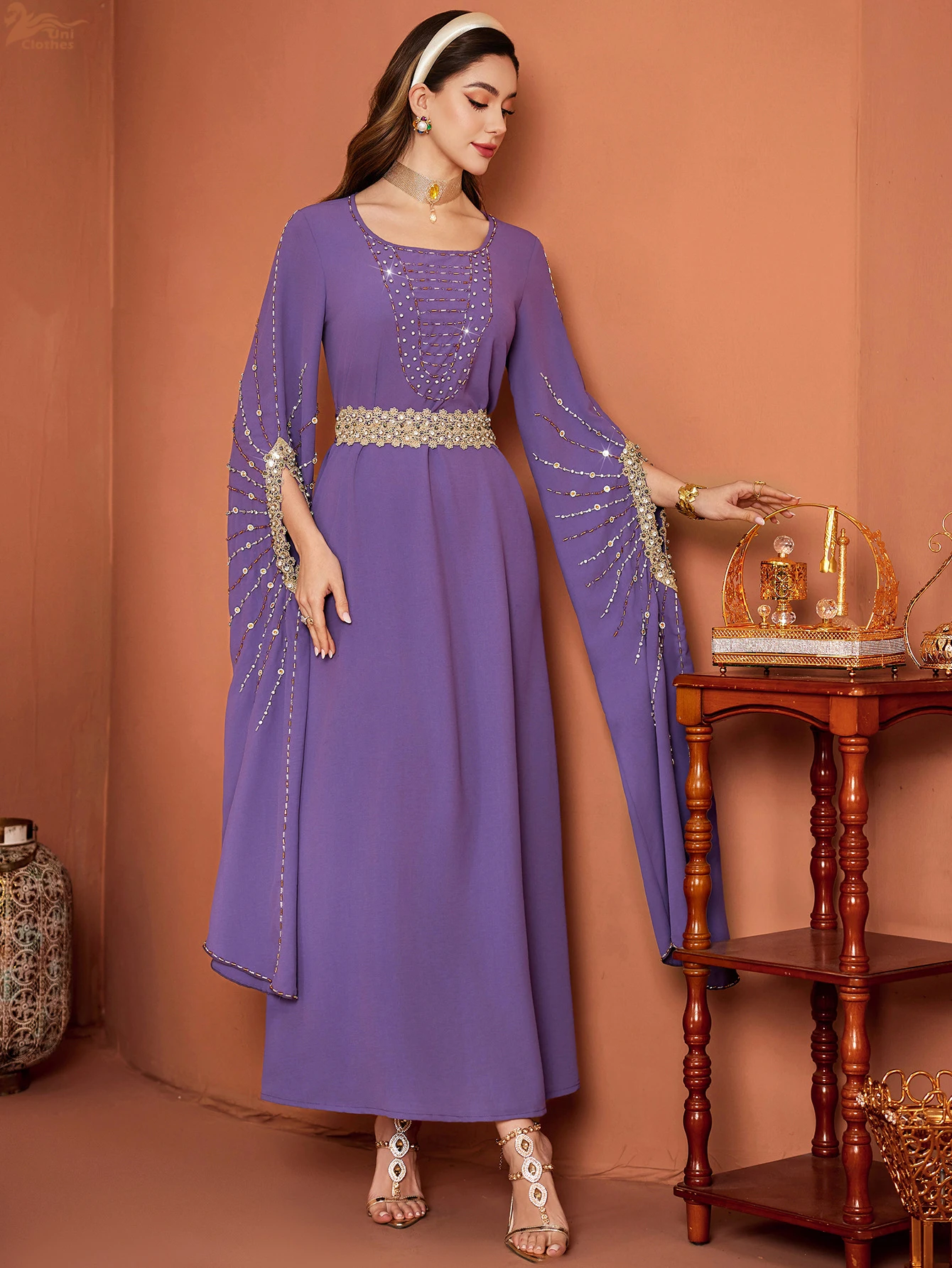 Luksusowa damska patchworkowa koronkowa haftowana abaja z bardzo długim rękawem, muzułmańska damska kaftanowa sukienka maxi na wieczorne przyjęcie w Dubaju, Eid.