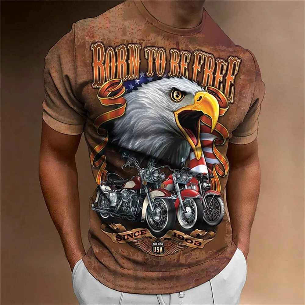 T-Shirt z grafiką z orłem w stylu Vintage dla mężczyzny lato z dekoltem w motocyklowym stylu koszula Oversized Casual krótki rękaw topy męskie bluza