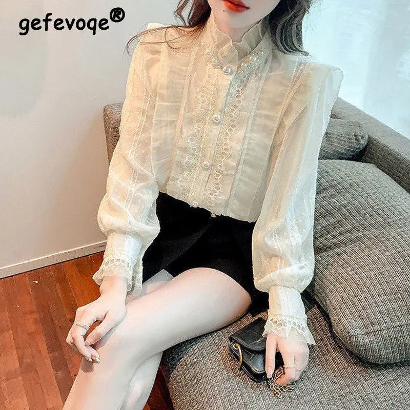 

Vintage Ruffles Lace Beaded Elegant Chic Blouses Tops Women Spring Autumn Casual Sweet Fairy Long Sleeve Shirts Female Clothing