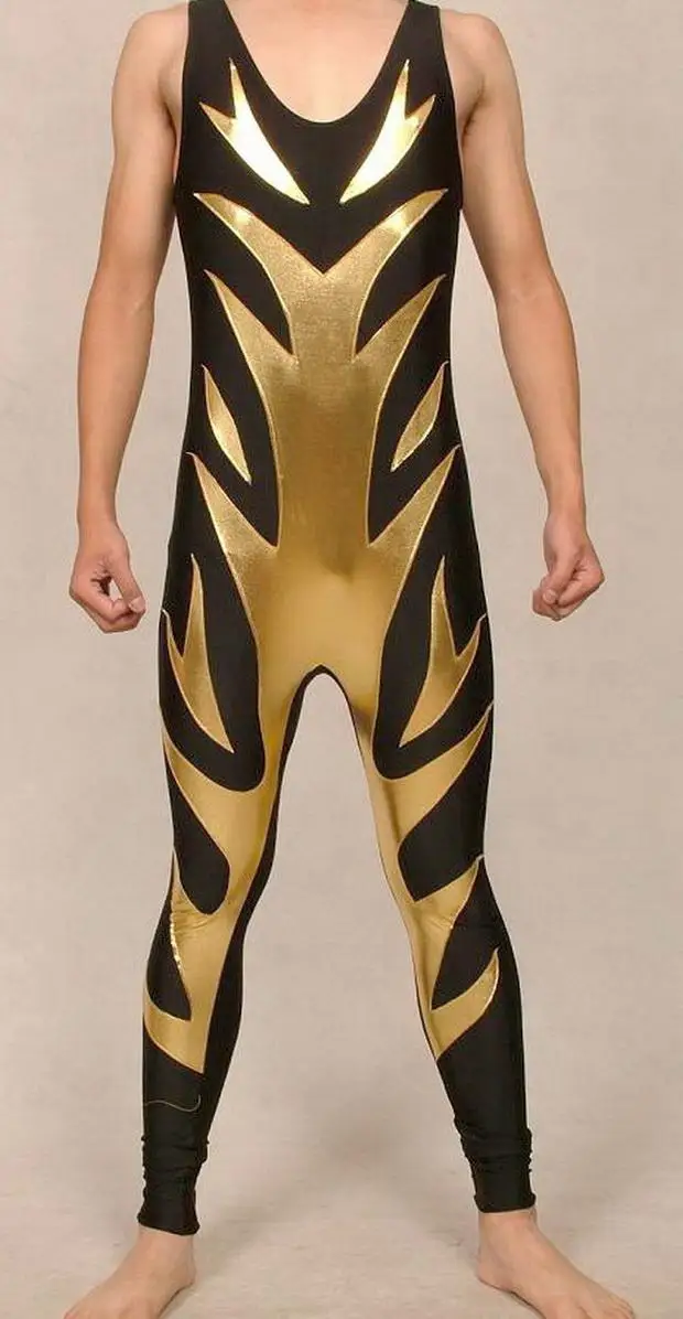 Men's Costumes Black/Gold Lycar Spandex Wrestling Catsuit Costume Unisex Outfit Halloween Party Fancy Dress Cosplay Bodysuit