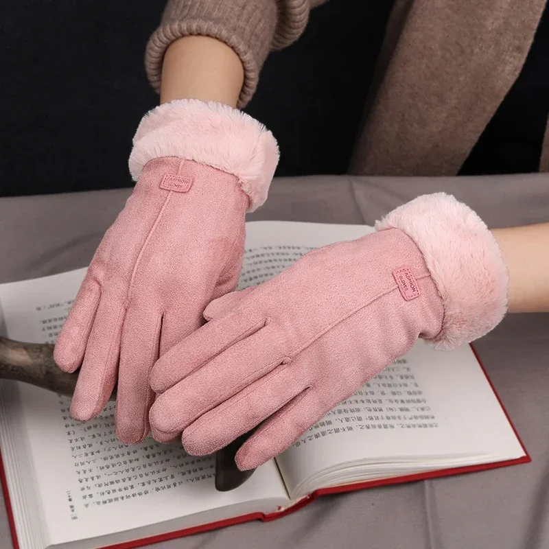 Gants chauds en fourrure pour femmes, mitaines à doigts complets, mitaines mignonnes, sports de plein air, écran féminin, nouvelle mode, automne, hiver, 2024