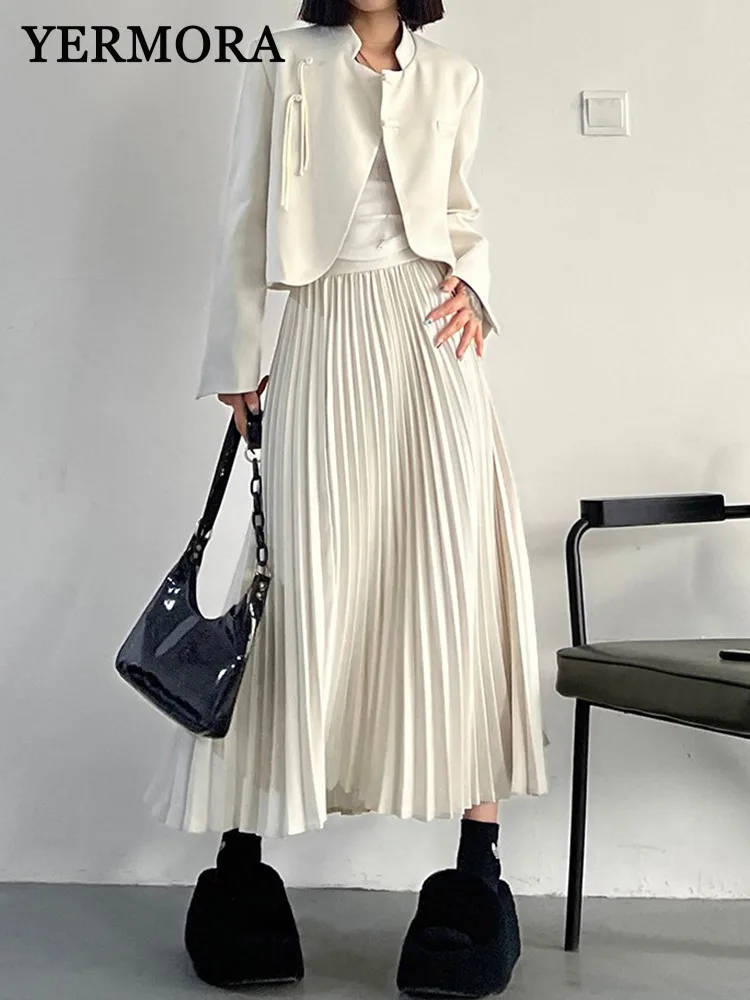 

YERMORA Women Two Pieces Set White Ribbon Vintage Coat Long Sleeve Loose New Pleated Skirt Fashion Tide Spring Summer 2025