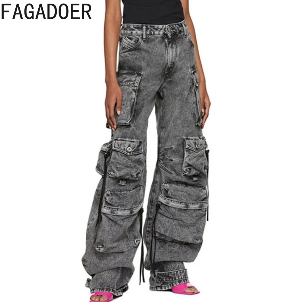 

FAGADOER Vintage Denim Casual Loose Pocket Cargo Pants Women High Waisted Straight Jean Trousers Female Cowboy Wide Leg Pants