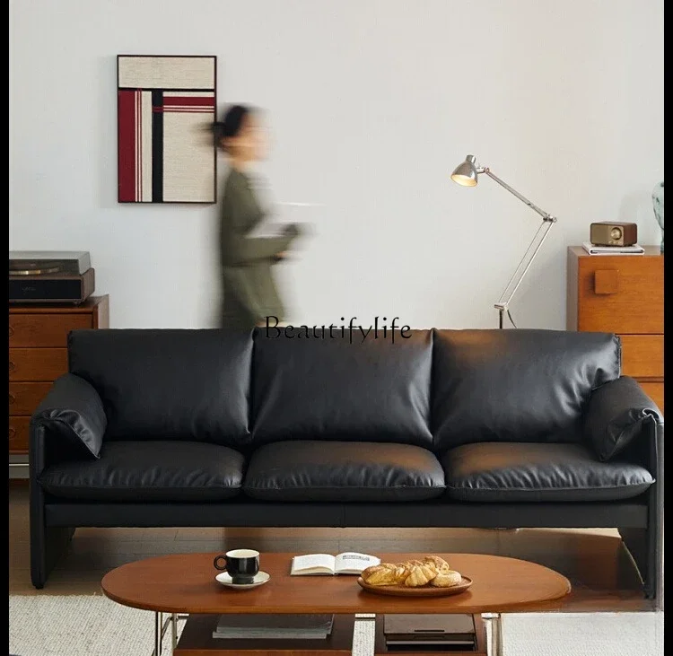 

LVintage Black Sofa Italian Minimalist Small Apartment Living Room Straight Leather Sofa