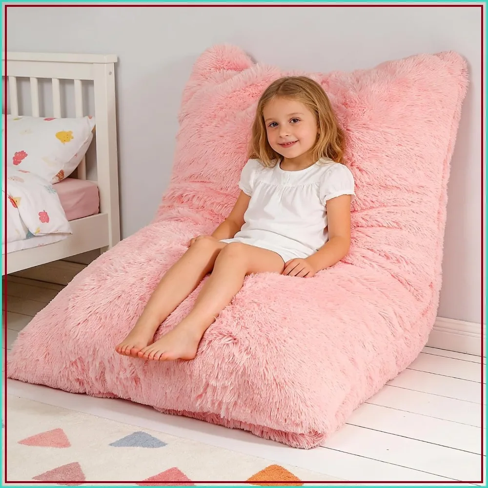 3 In 1 Kids Bean Bag Chair Bed, Fluffy Stuffed Floor Pillow For Gaming And Reading, Ultra Soft Faux Fur Bean Bag Lounger For Playroom, Living Room, Bedroom, Pink