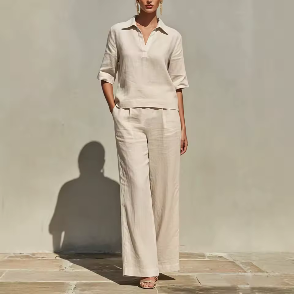 Conjunto Feminino 2026 Blusa Decote V e Calça Pantalona