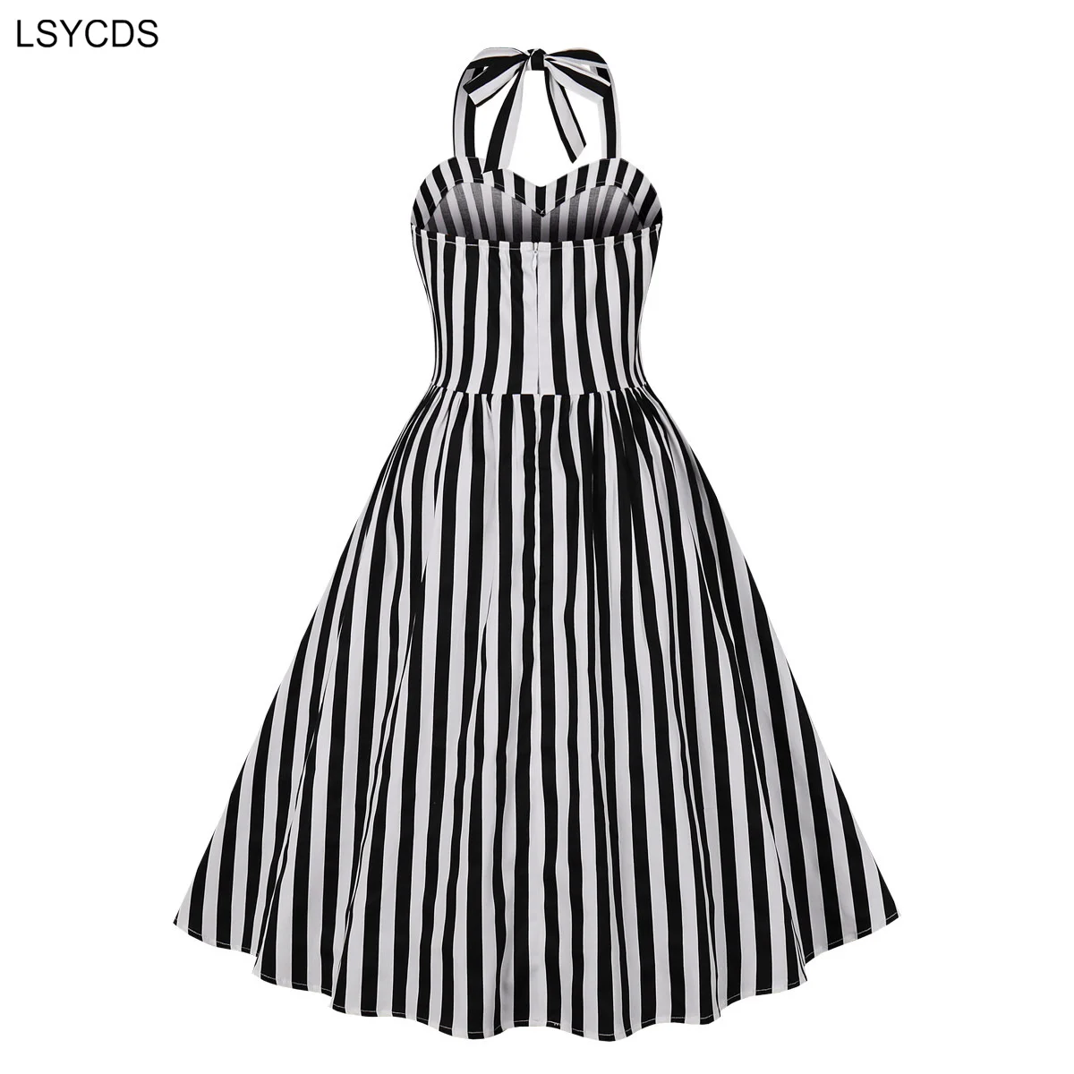 LSYCDS Black and White Striped Women Vintage Dresses Evening Party  Halter Sweetheart Neck Pleated Cotton Dress Backless Dress