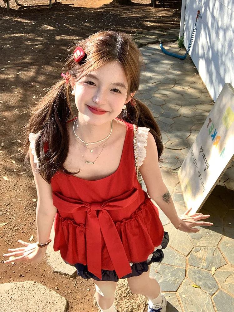 

Женский летний винтажный свободный топ-жилет Acaine с красным квадратным вырезом и завязками, из льняно-хлопковой смеси, с эффектом похудения