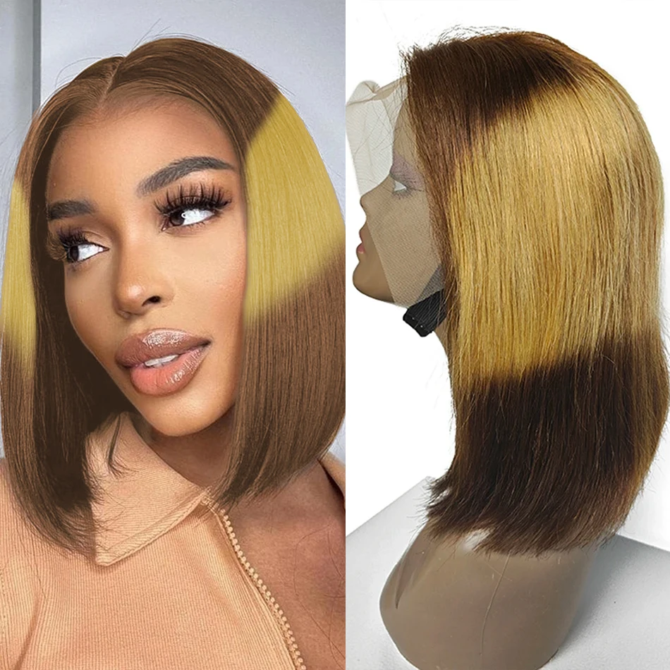 Highlight Straight Bob Wig Colored Human Hair Wigs Brazilian 13x4 Lace Frontal Wig For Women Honey Blonde P4/27/4Closure Wig