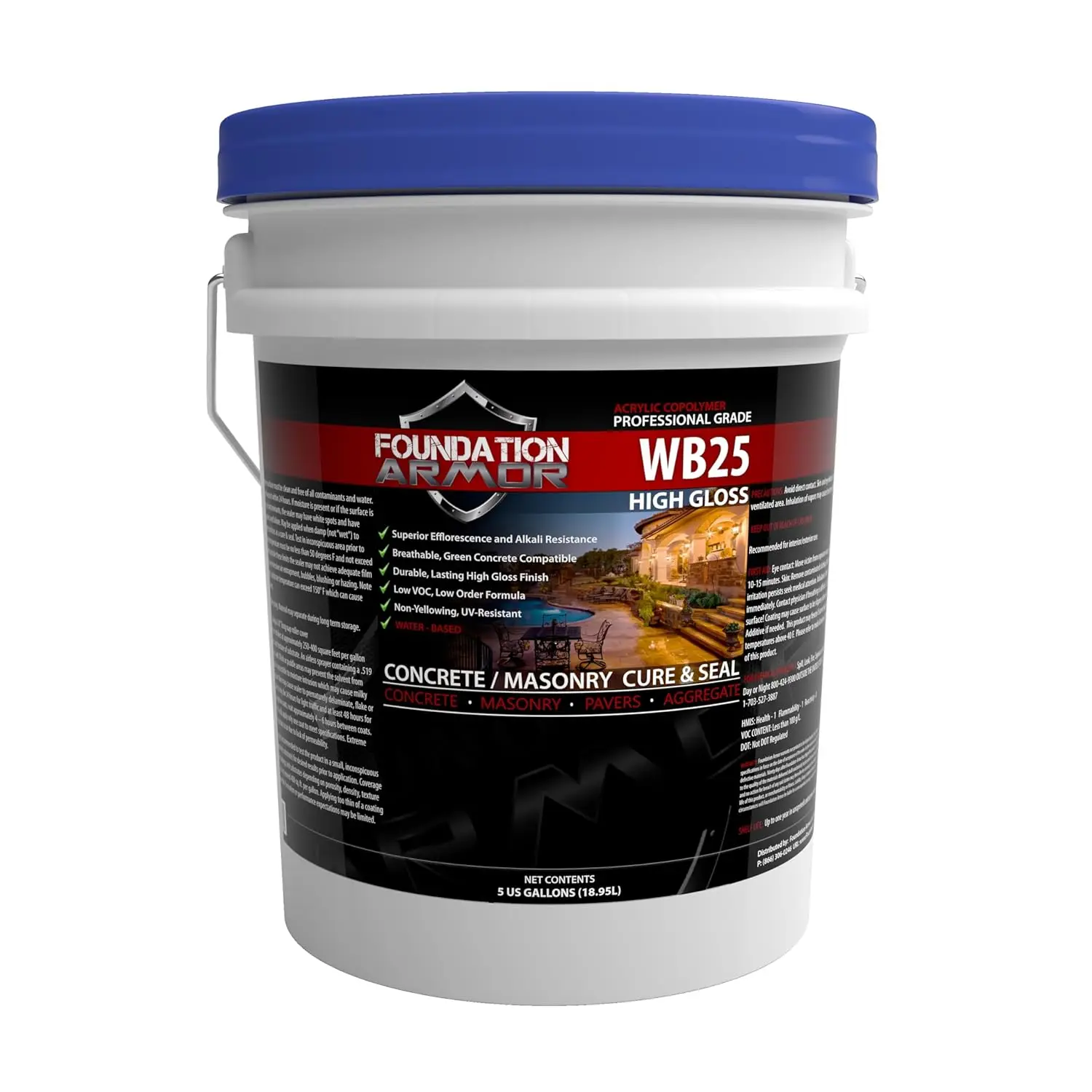 WB25 High Gloss Wet Look Concrete Sealer and Cure & Seal 5 Gallon -Professional Grade Color Enhancing Water Based Acrylic Sealer