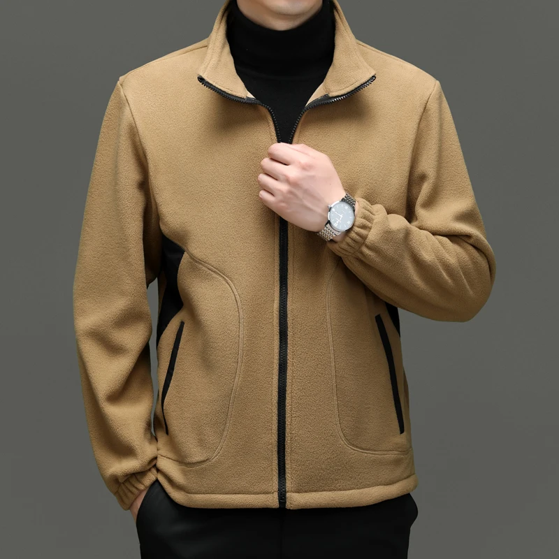 Autumn and Winter Daily Commuter Coat, Loose Zip Stand Collar Warm Jacket, Velvet Top, White Men\'s Casual Jacket