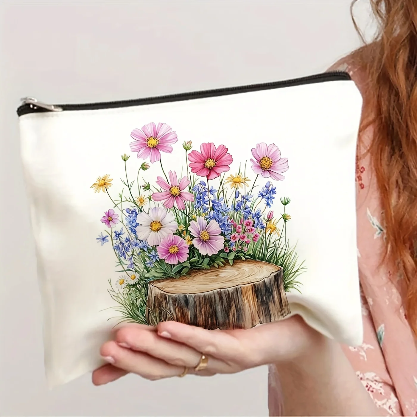 A Spring floral stump patterned makeup bag- multifunctional zipper pouch, jewelry storage bag, perfect travel zipper small stora