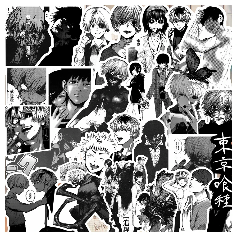 Paquete de 10/30/67 Pegatinas de Anime Japonés Tokyo Ghoul, Calcomanías de Kaneki Ken, para Skateboard, Teléfono, Guitarra, en Blanco y Negro, Estilo Manga