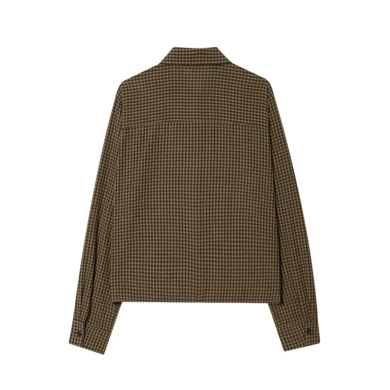 Damska koszula w kratę na wiosnę i jesień, luźna, modna, z kołnierzykiem, wiązana na dół, nowa kolekcja 2026, damska, codzienna, w stylu vintage.