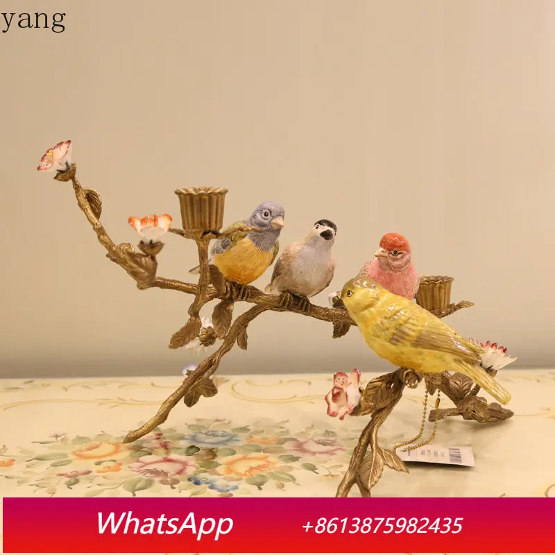CX Chinese style ceramic bird inlaid with copper branches double-headed villa desktop decoration candlestick