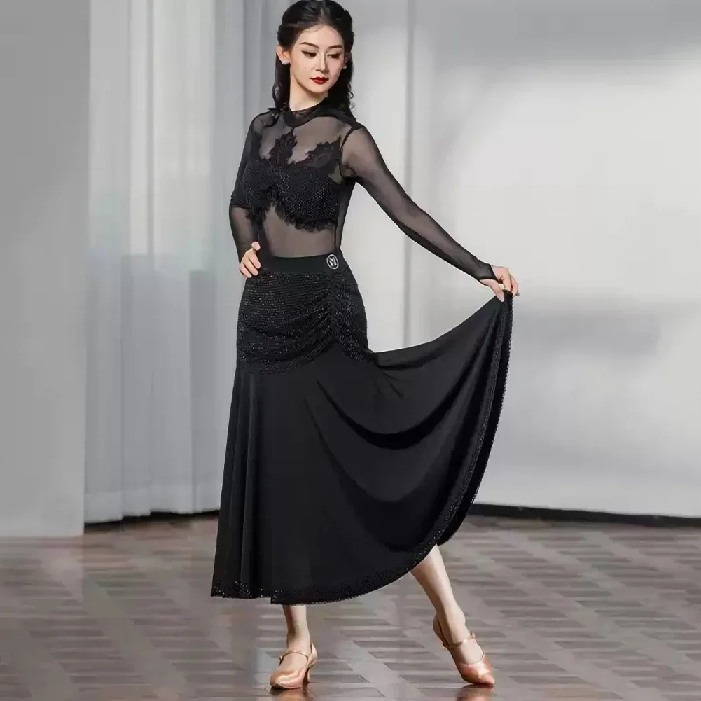 Vestido de competición estándar de manga larga, camisa, práctica de baile de salón, malla, escenario, vals negro, vestido de media longitud para salón de baile