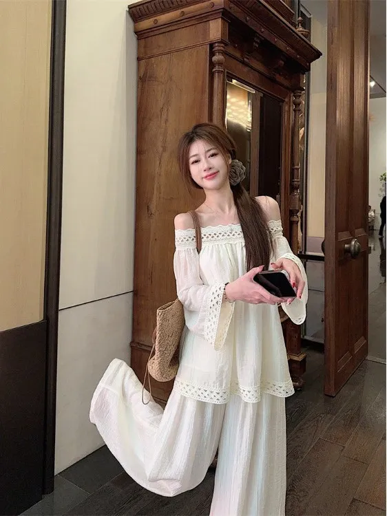 

plus Size Casual Summer Outfit Embroidered One Shoulder Top Conceal Meat Slim Wide Leg Pants Two Piece Set Women's Fashion