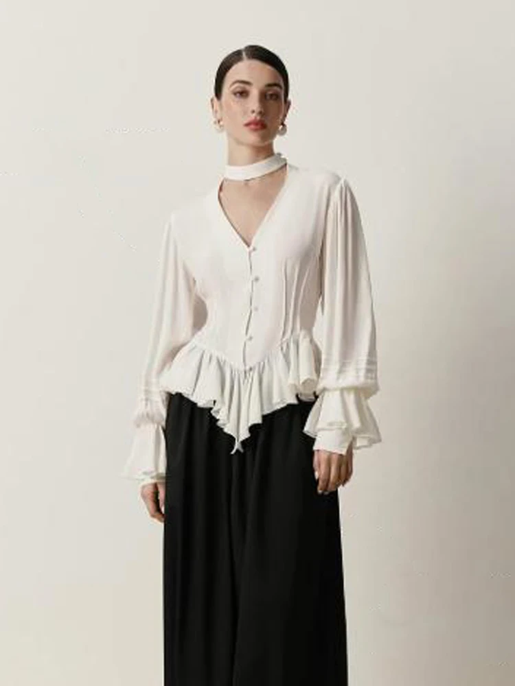 

Women White V-neck Long Puff Sleeve Hollow-out Blouses Ruffle Elegant Loose Cropped Shirt 2026 Summer Daily Commute Party Shirts