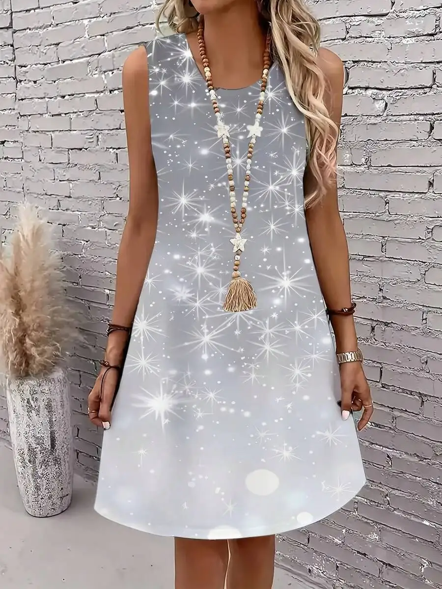 

Star Print Sleeveless Round Neck Dress For Women Casual Summer Beach Comfortable