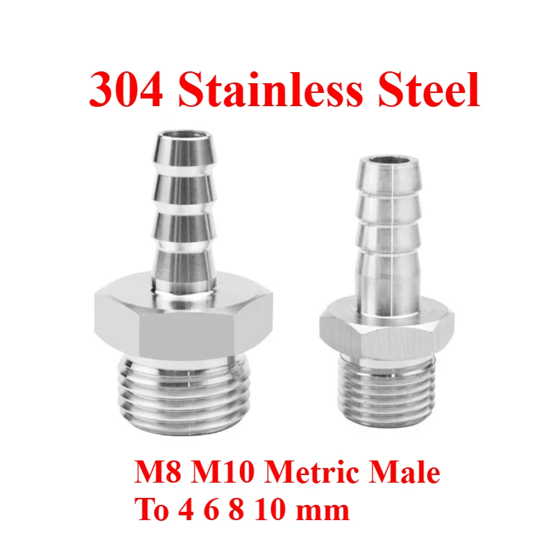 M8 M10 Metric Male To 4 6 8 10 mm Hosetail Barb MIni Nipple 304 Stainless Steel Plumbing Adapter Connector Fitting Gas Water Oil
