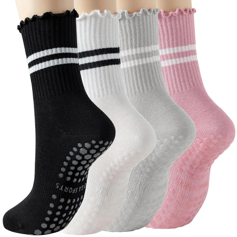 

4 пары носков Yawlsow для пилатеса, женские, с рюшами, нескользящие, хлопковые, для йоги и барре