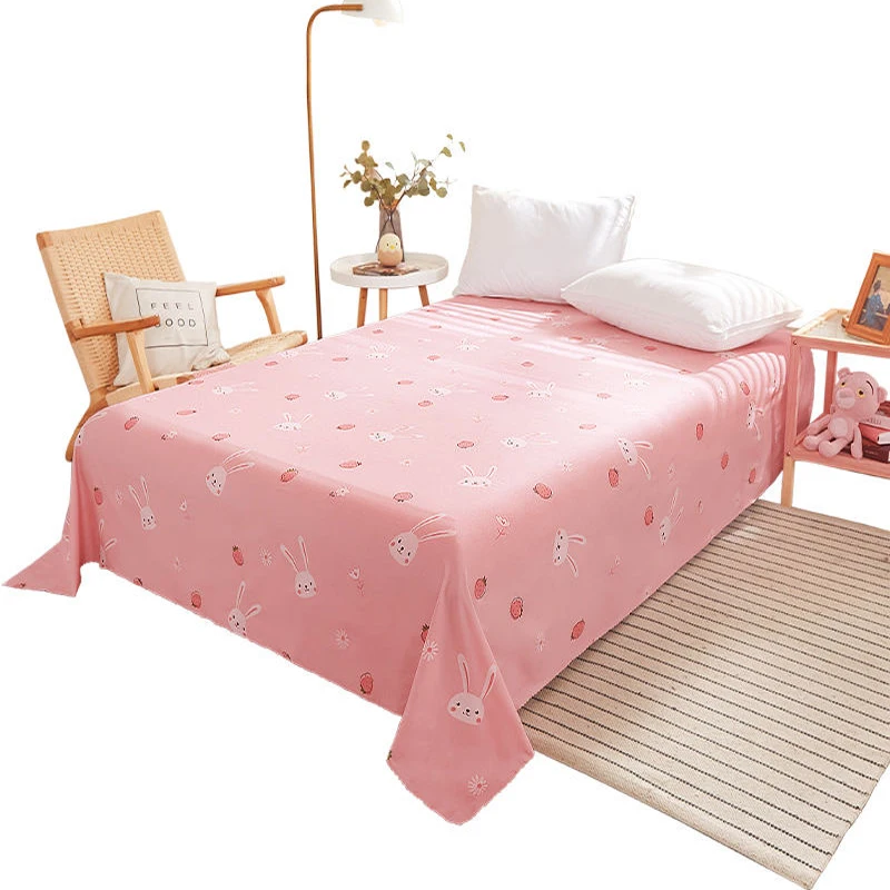 JUSTCHIC 1PCS Flat Sheet (Without Pillowcase) Washed Cotton Cute Cartoon Pink Bunny Print Bed Sheet Soft Not Fade Bed Linens