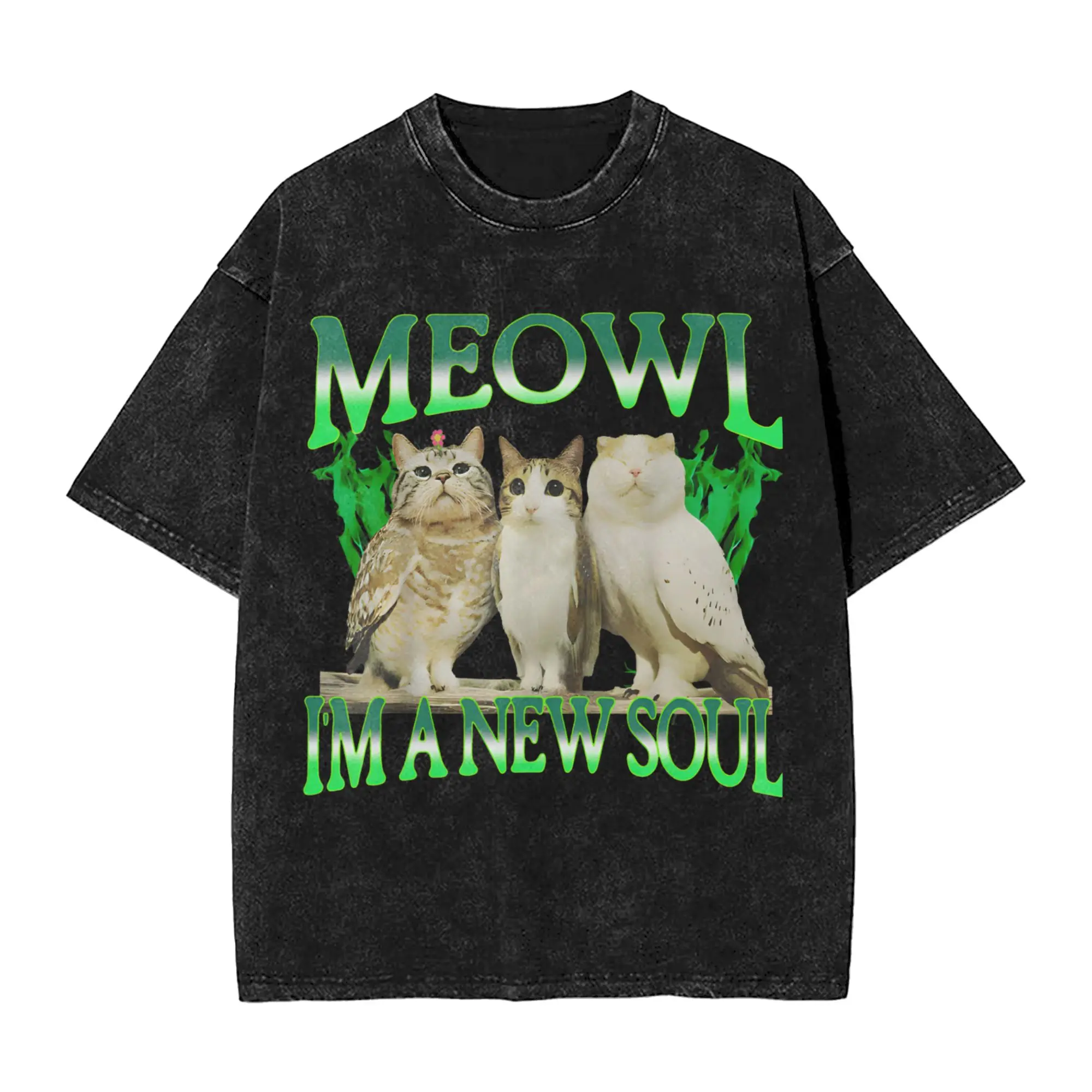 Casual Meowl Im A New Soul Funny Cats Retro Meme T-Shirt Men Cotton Washed T Shirts  Short Sleeve Tee Shirt Gift Idea Clothing