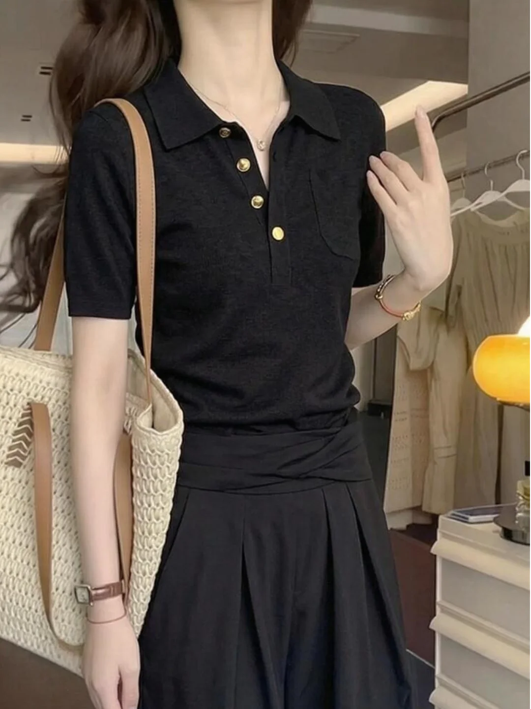 Black  Neck Short Sleeve Knitted T-Shirt Women's Summer New Style Flip Collar Elegant Fashionable Top Korean Style Commute