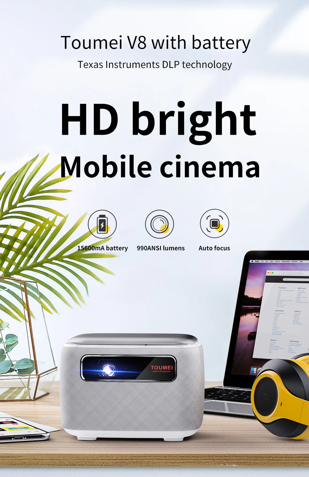 YUNDOO New V8 3D Smart Android Portable Hologram Mobile Projector DLP WIFI Small Pocket LED 4k projector