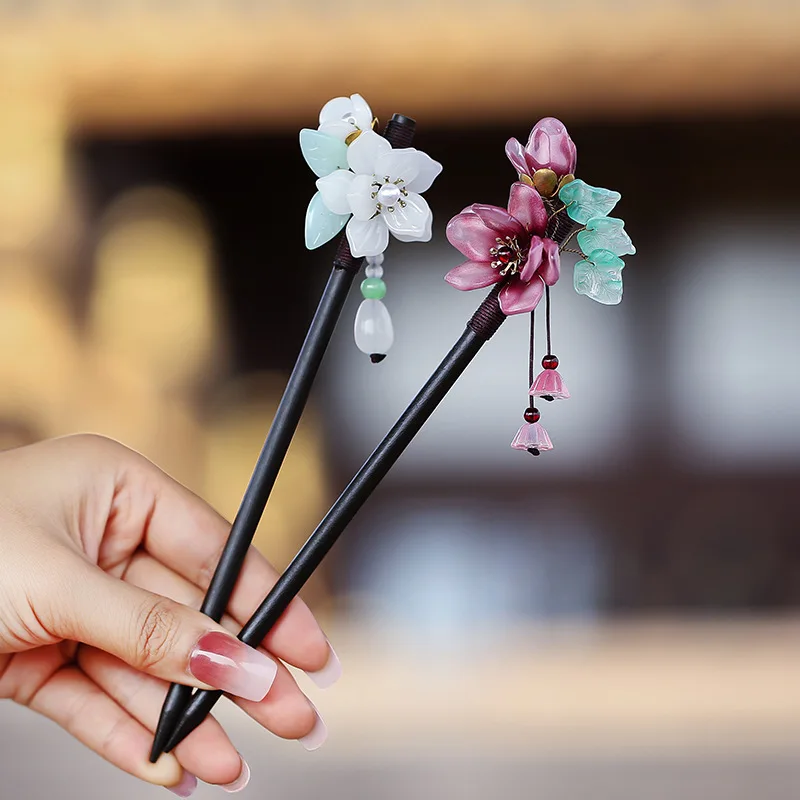 Ebony Tassel Hair Stick Chinese Step Shaking Ancient Hanfu Hairpin Chopstick For Women Flower Pearl Hair Bun Jewelry Retro Tiara