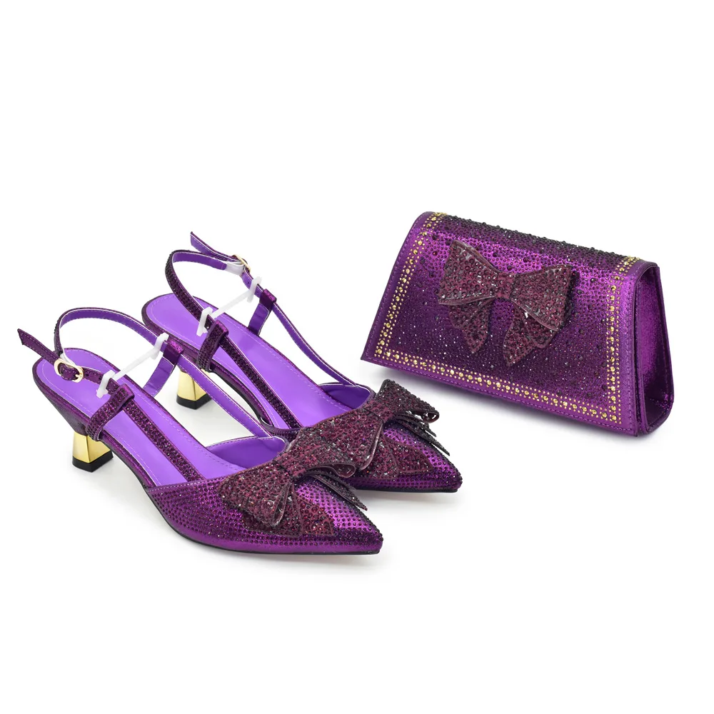 

Luxury Italian Shoes and Bag Set for Women Low Heels with Crystal Pointed Toe Sandals for Party Elegant Woman Heeled Pumps