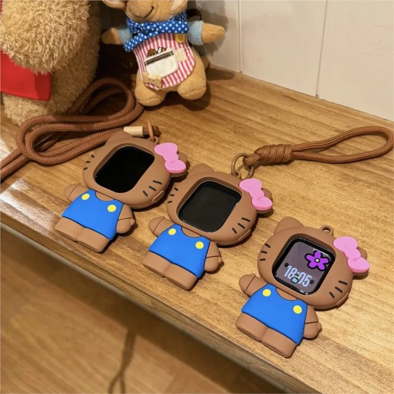3D Cartoon Black Brown Kitty Lanyard Case For Apple Watch Sport 1/2/3/4/5/6/7/8/9st Gen S10 S11 Ultra SE 38/45/41/44/42/46/49mm view 5
