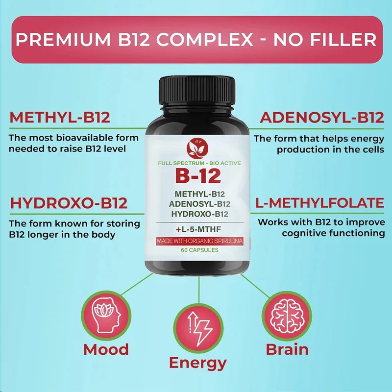 1000 Mcg Vitamin B12-Komplex mit Methylcobalamin, Adenosin-Kobalamin und Hydroxyb12 aus organischem Spirulina