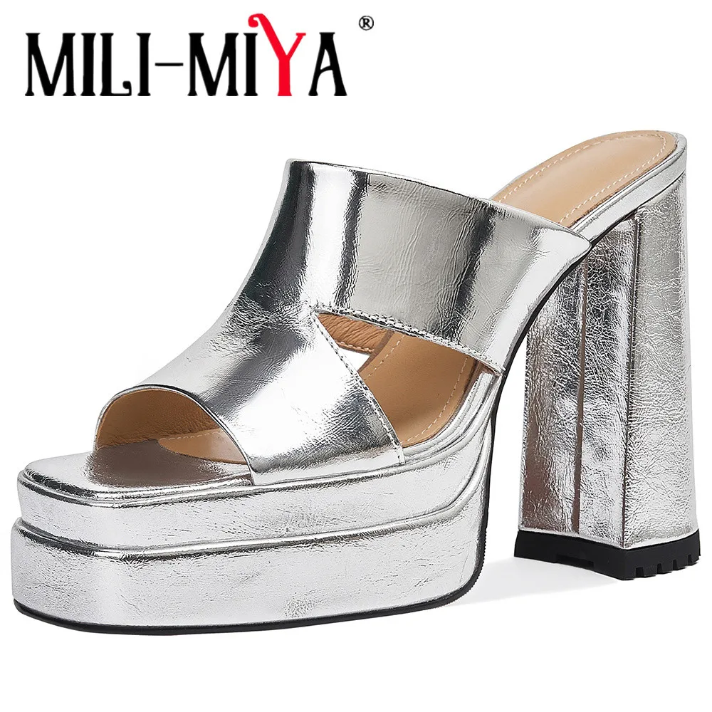 

MILI-MIYA Fashion Metallic Colour Women Full Genuine Leather Sandals Super High Thick Heels Square Toe Slip On Handmade For Lady