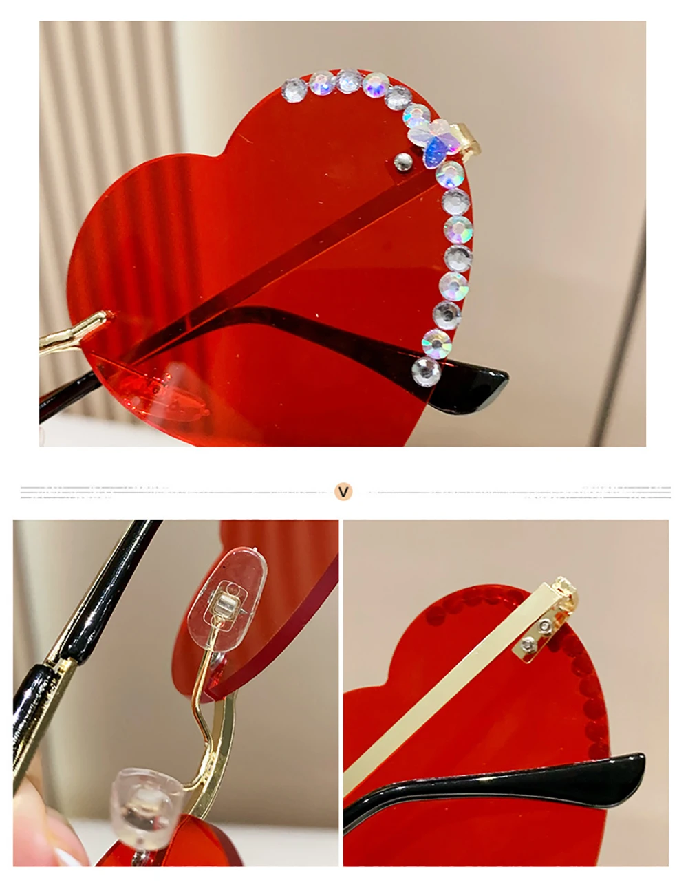 KLASSNUM Rimless Heart-shaped Sunglasses With Glitter  display picture 3
