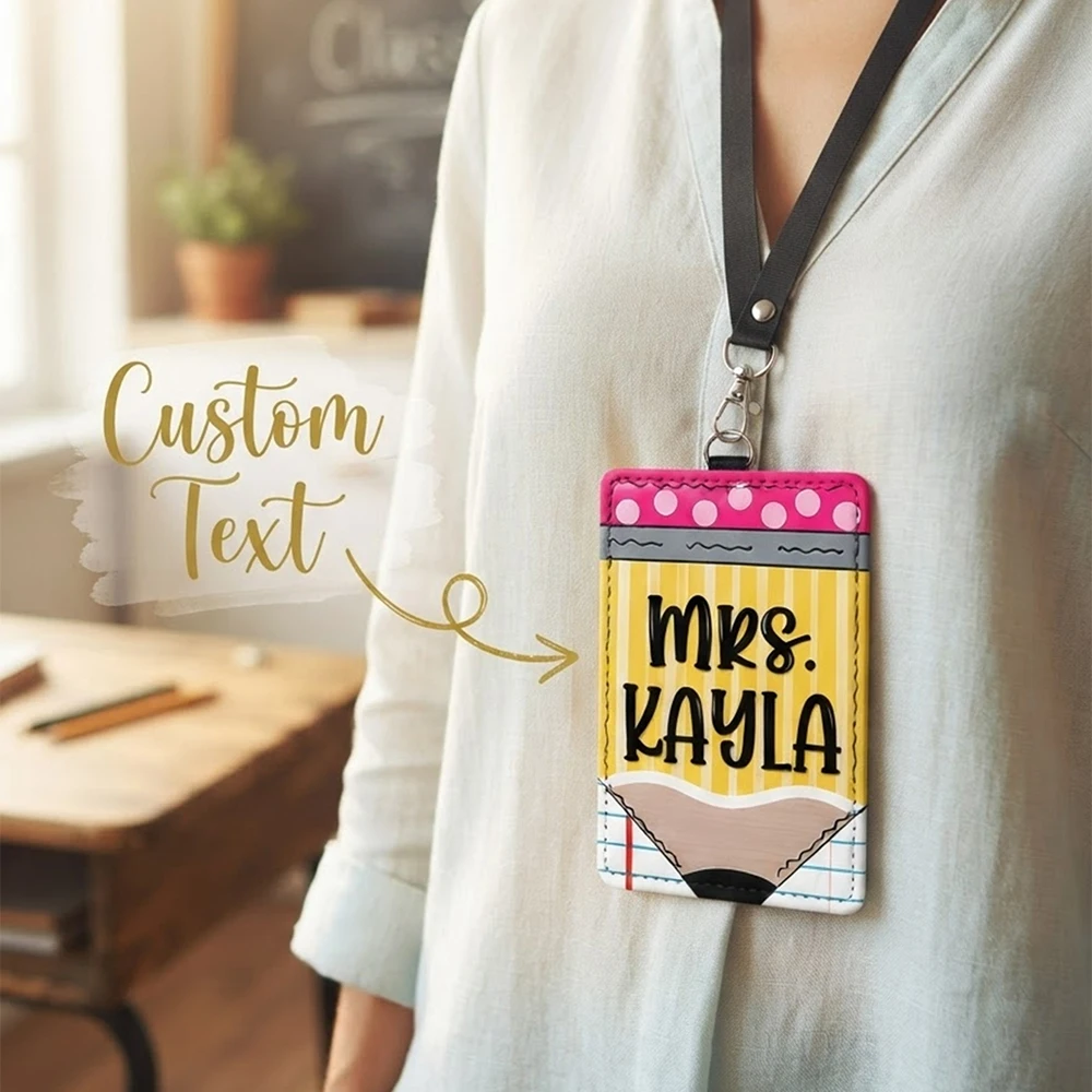 Custom Text Teacher ID Badge Holder with Lanyard,Pencil Notebook Pattern,Multiple colors available,Teacher Appreciation Day Gift
