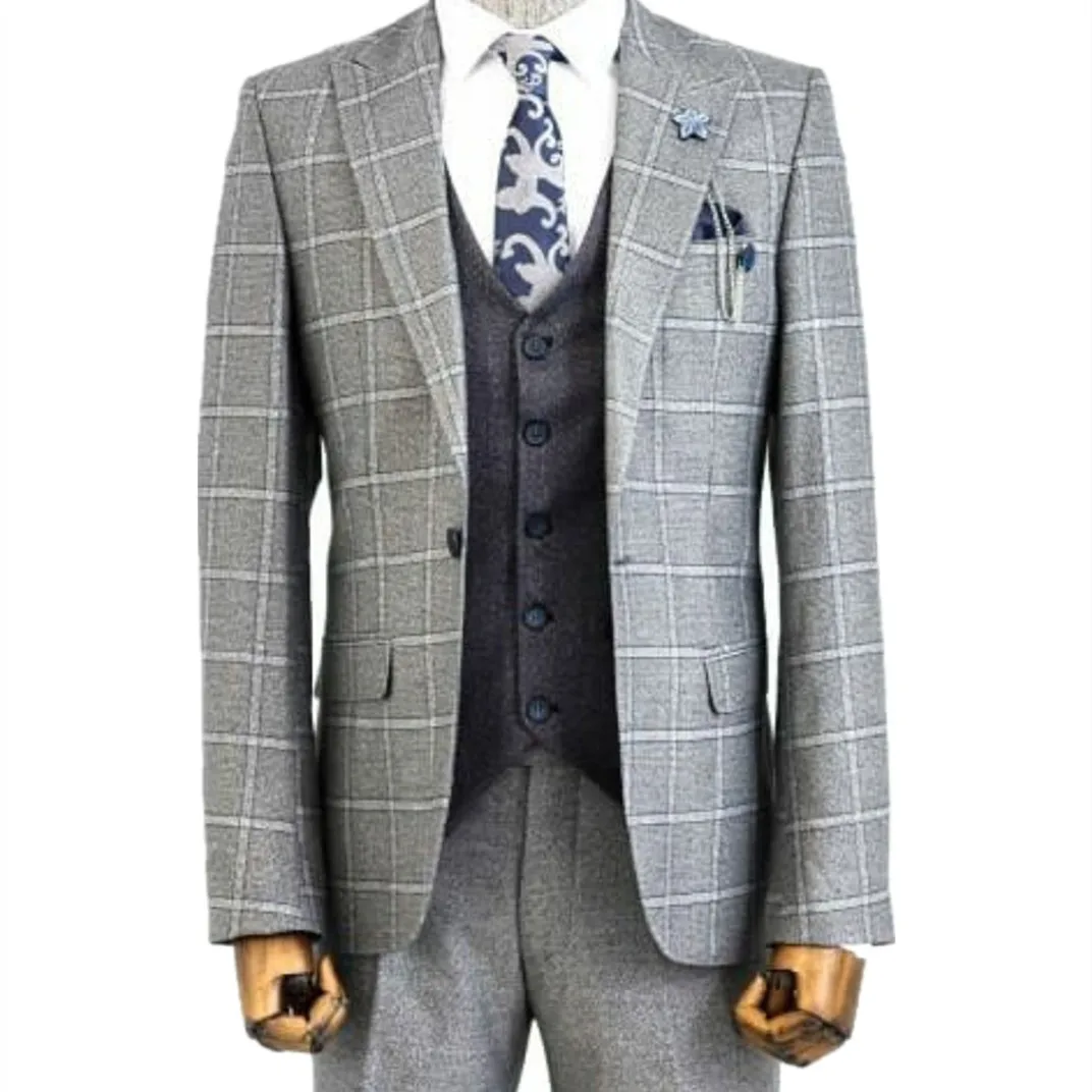 Light Gray Plaid Men Suit Tailor-Made 3 Pieces Blazer Vest Pants One Button High Fashion Work Wedding Groom Causal Prom Tailored